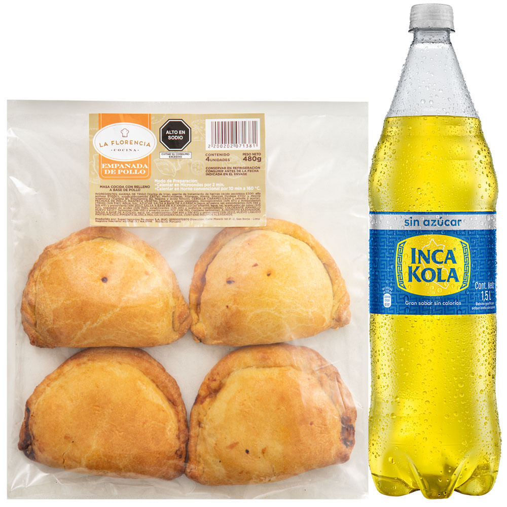 Pack Empanada de Pollo Paquete 4un + Gaseosa INCA KOLA Sin Azúcar Botella 1.5L