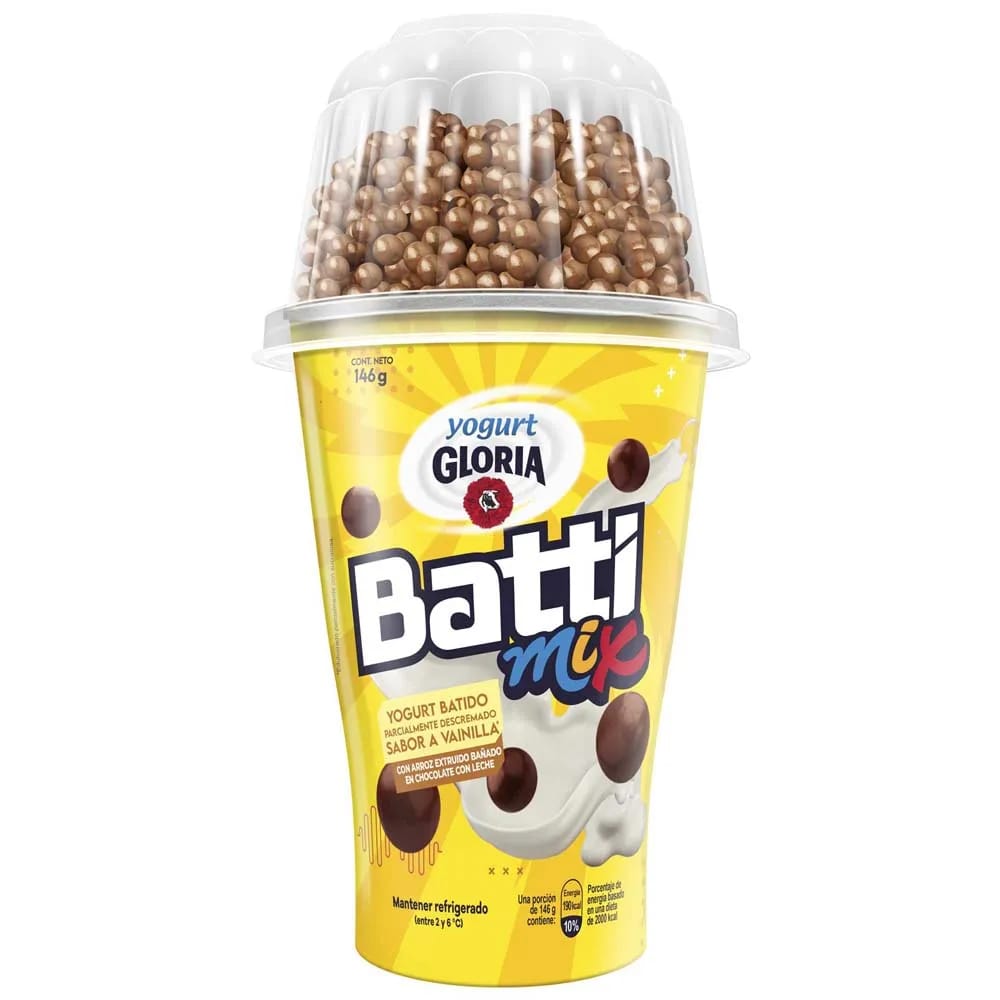 Yogurt GLORIA Battimix Vainilla con Arroz Crujiente Bañado en Chocolate Vaso 146g