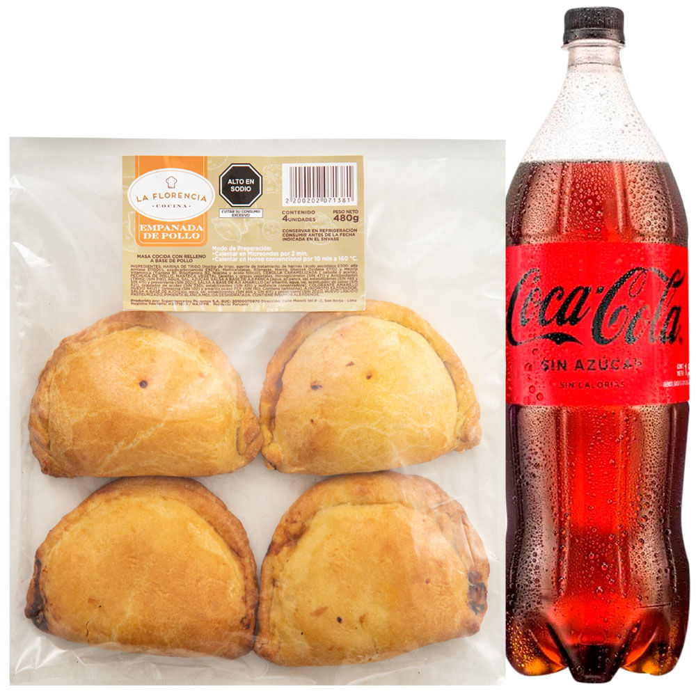 Pack Empanada de Pollo Paquete 4un + Gaseosa COCA COLA Sin Azúcar Botella 1.5L