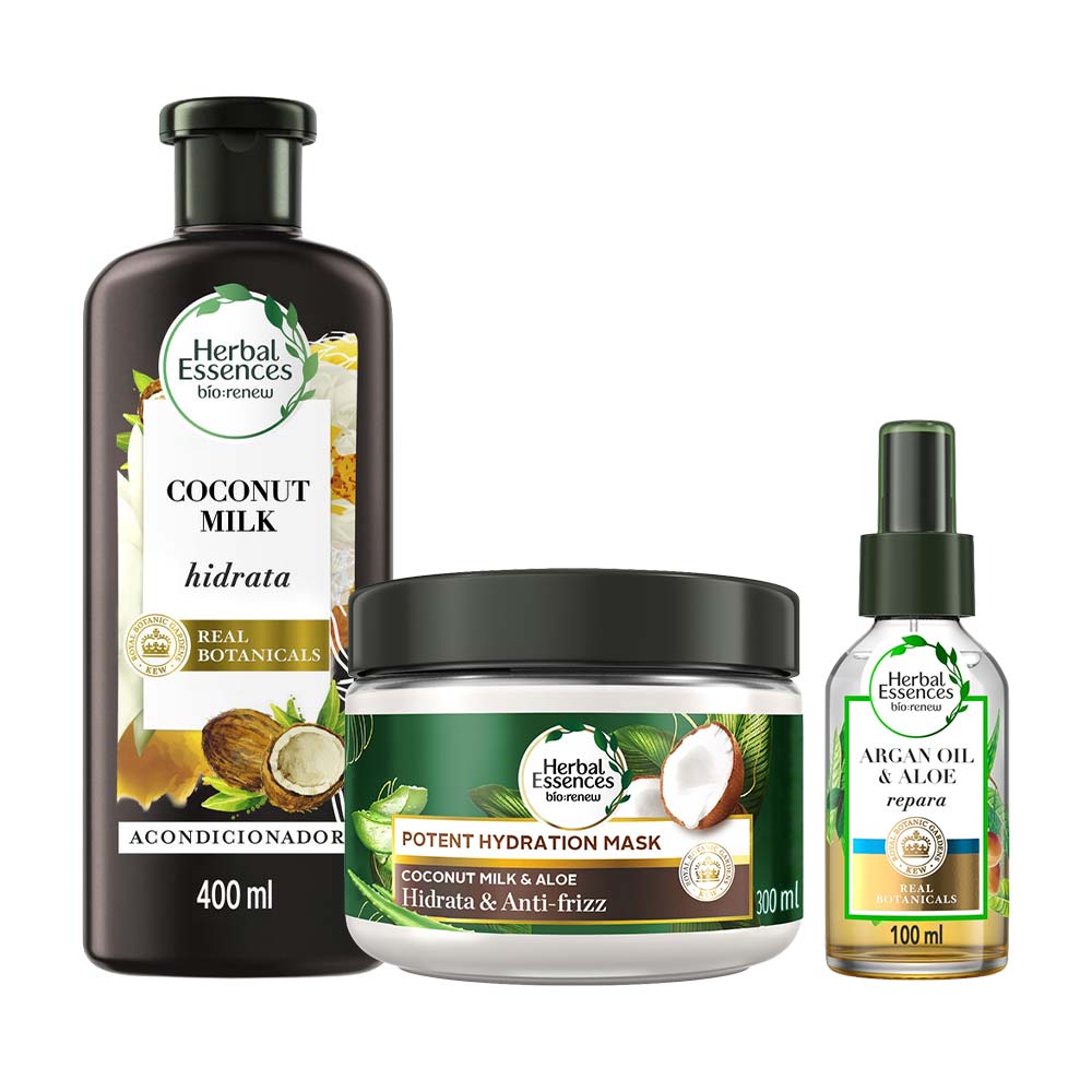 Pack HERBAL ESSENCES Tratamiento Argán Oil & Aloe + Mascarilla Milk & Aloe Frasco 300ml + Acondicionador Frasco 400ml