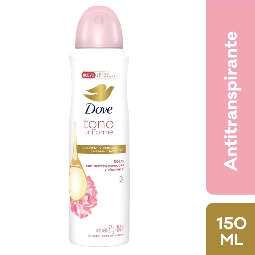 Desodorante para Mujer en Aerosol DOVE Tono Uniforme Rosas Frasco 150ml