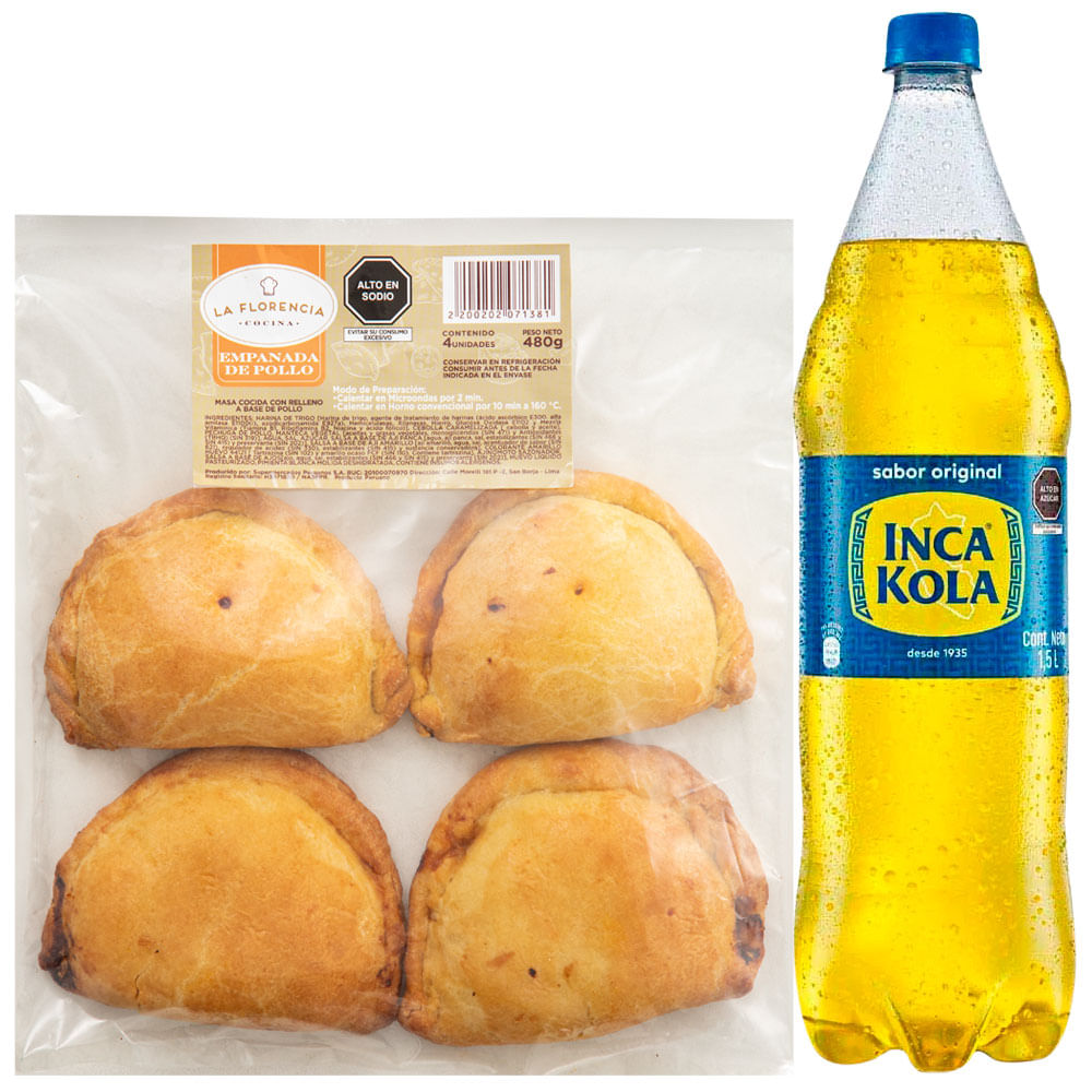 Pack Empanada de Pollo Paquete 4un + Gaseosa INCA KOLA Botella 1.5L