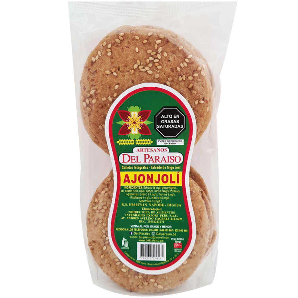 Galletas Integrales DEL PARAÍSO Ajonjolí con Miel Bolsa 100g