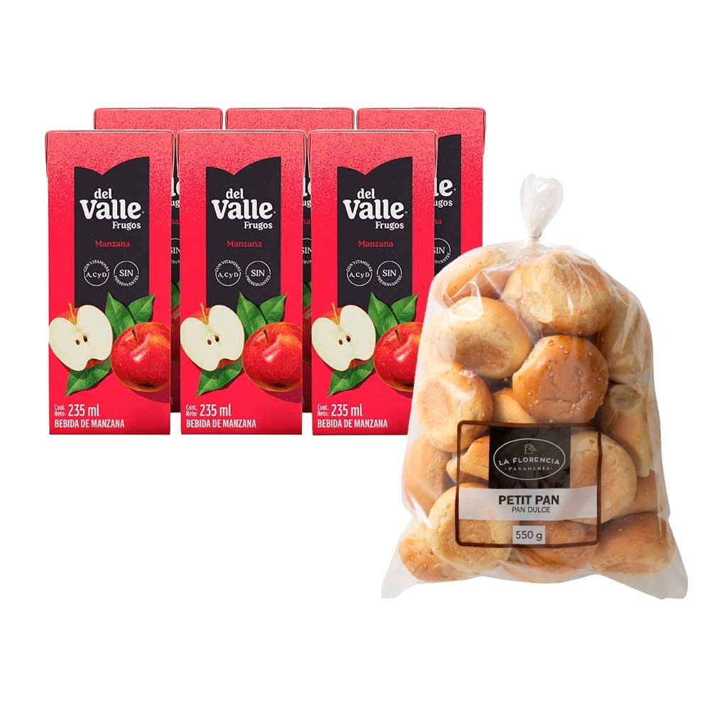 Pack Bebida FRUGOS DEL VALLE Manzana Caja 235ml Six Pack + Petit Pan Embolsado 550g