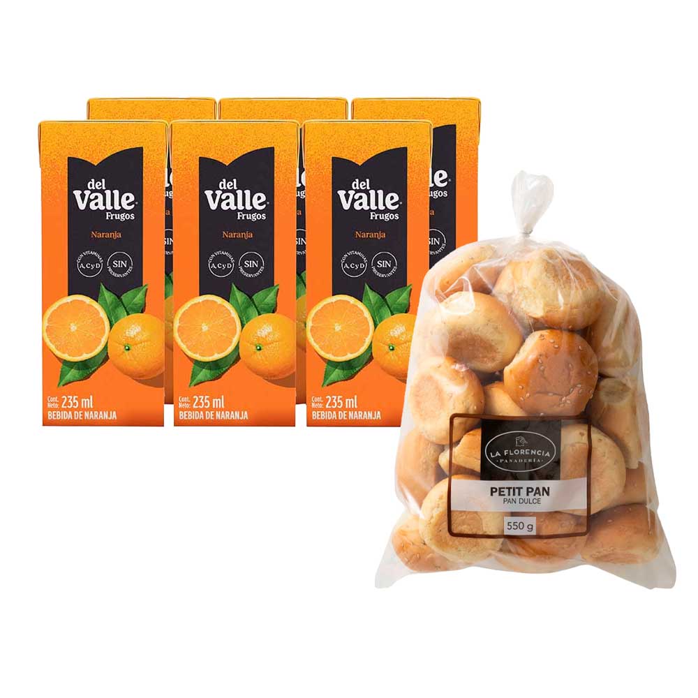 Pack Petit Pan Embolsado 550g + Bebida FRUGOS DEL VALLE Naranja Caja 235ml Six Pack