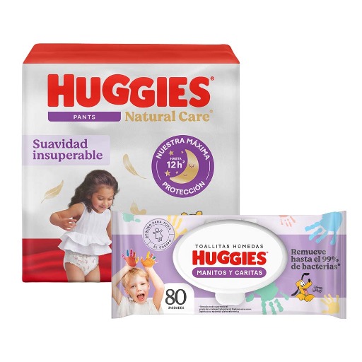 Pack Pañales HUGGIES Natural Care Pants Etapa 5/XXG Suavidad Insuperable Paquete 34un + Toallitas Húmedas HUGGIES Manitos y Carita Desechables Paquete 80un