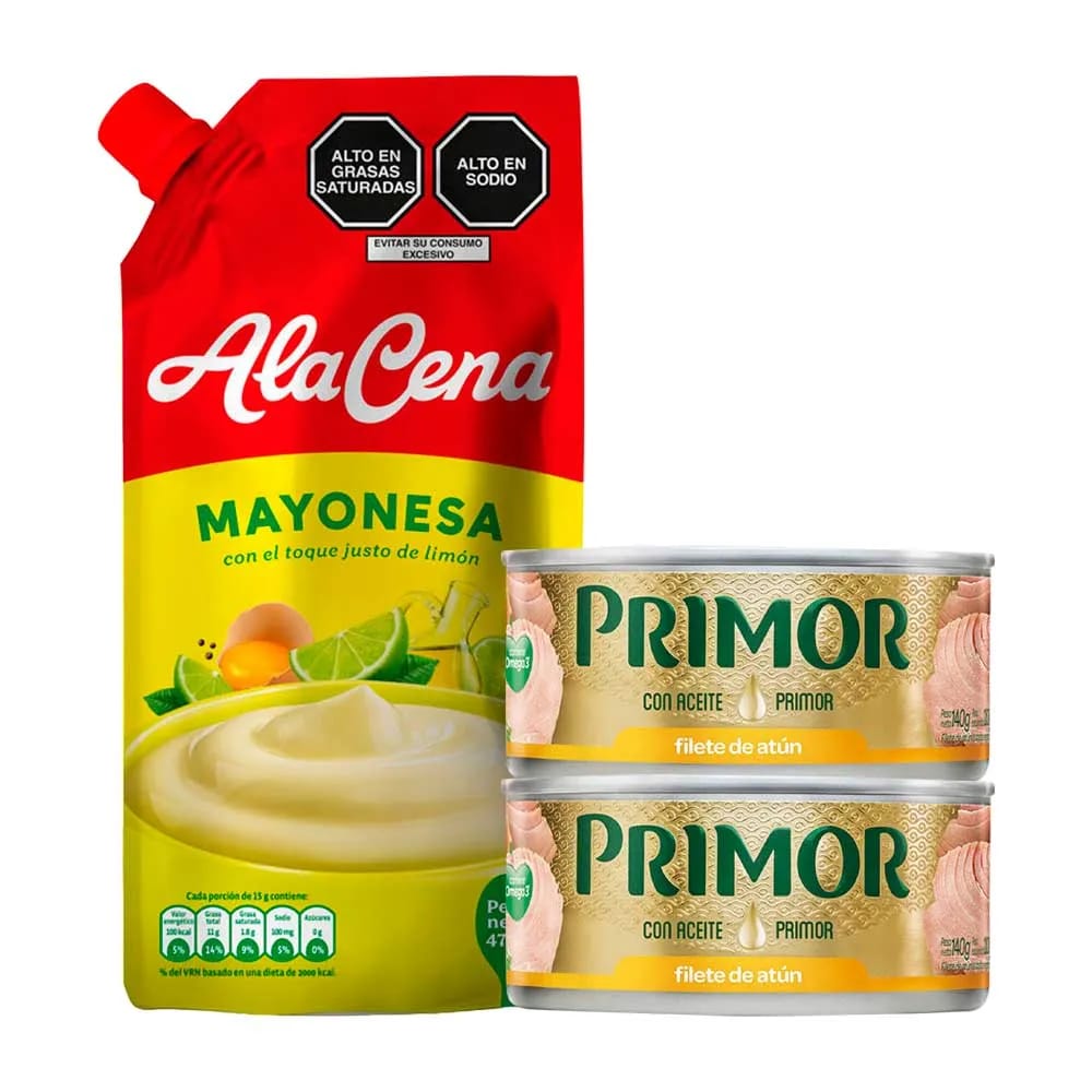 Pack Filete de Atún PRIMOR en Aceite Vegetal Lata 140g x2un + Mayonesa ALACENA Doypack 475g
