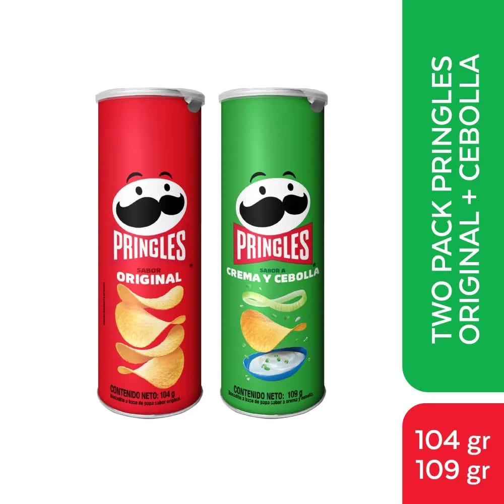 Pack Papas PRINGLES Crema y Cebolla Lata 109g + Papas PRINGLES Original Lata 104g