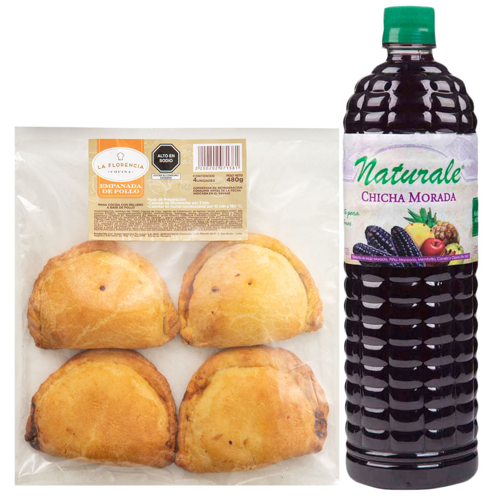 Pack Jugo de Fruta NATURALE Chicha Morada Botella 1L + Empanada de Pollo Paquete 4un
