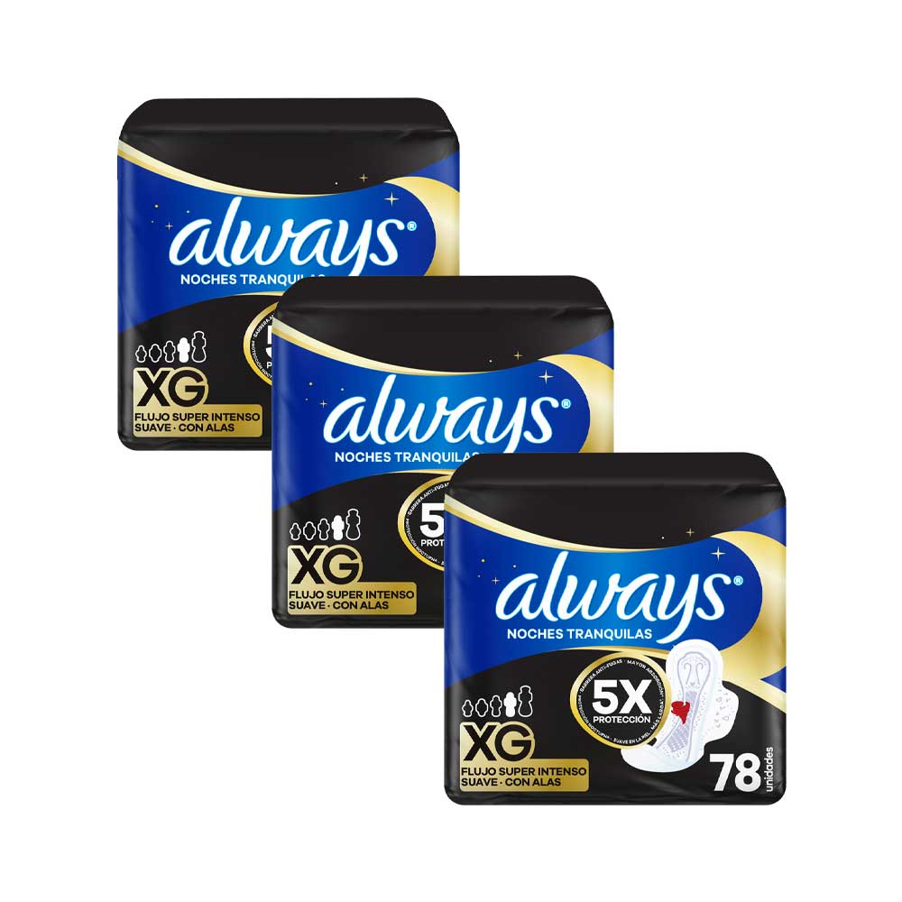 Pack Toallas Higiénicas ALWAYS Noches Tranquilas Suave Tamaño Extra Grande, 26un x 3un