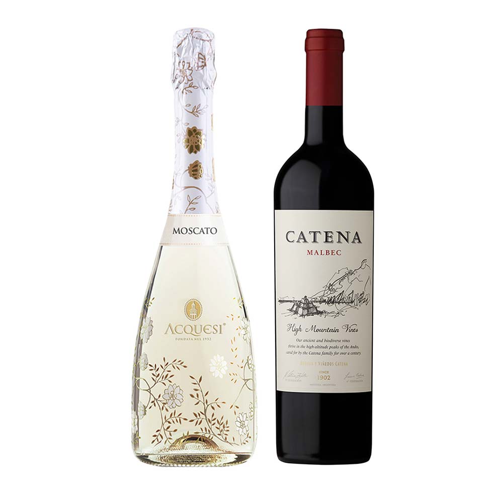 Pack Vino Tinto CATENA Malbec Botella 750ml + Espumante ACQUESI Moscato Botella 750ml