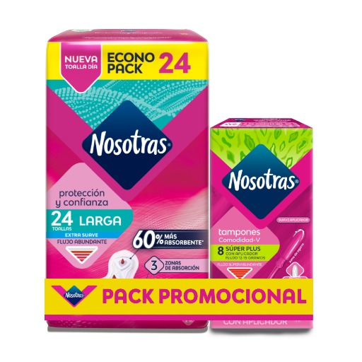 Pack NOSOTRAS Toalla Higiénica Larga de Día Paquete 24un + Tampón con Aplicador Súper Plus Caja 8un
