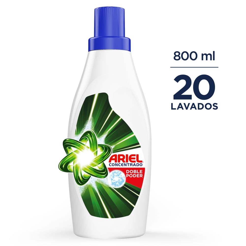 Detergente Líquido ARIEL Doble Poder Concentrado para Ropa Blanca y de Color Botella 800ml
