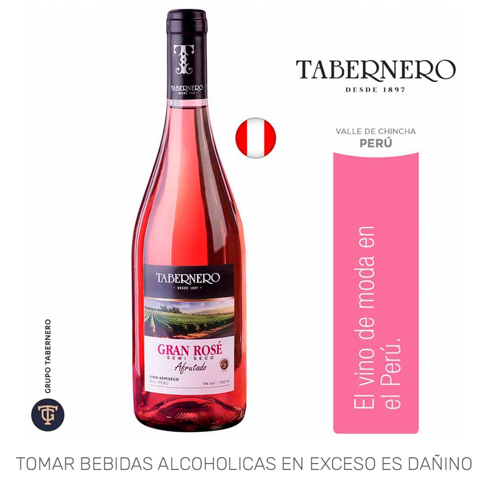 Vino Rosé TABERNERO Gran Rosé Semi Seco Afrutado Botella 750ml