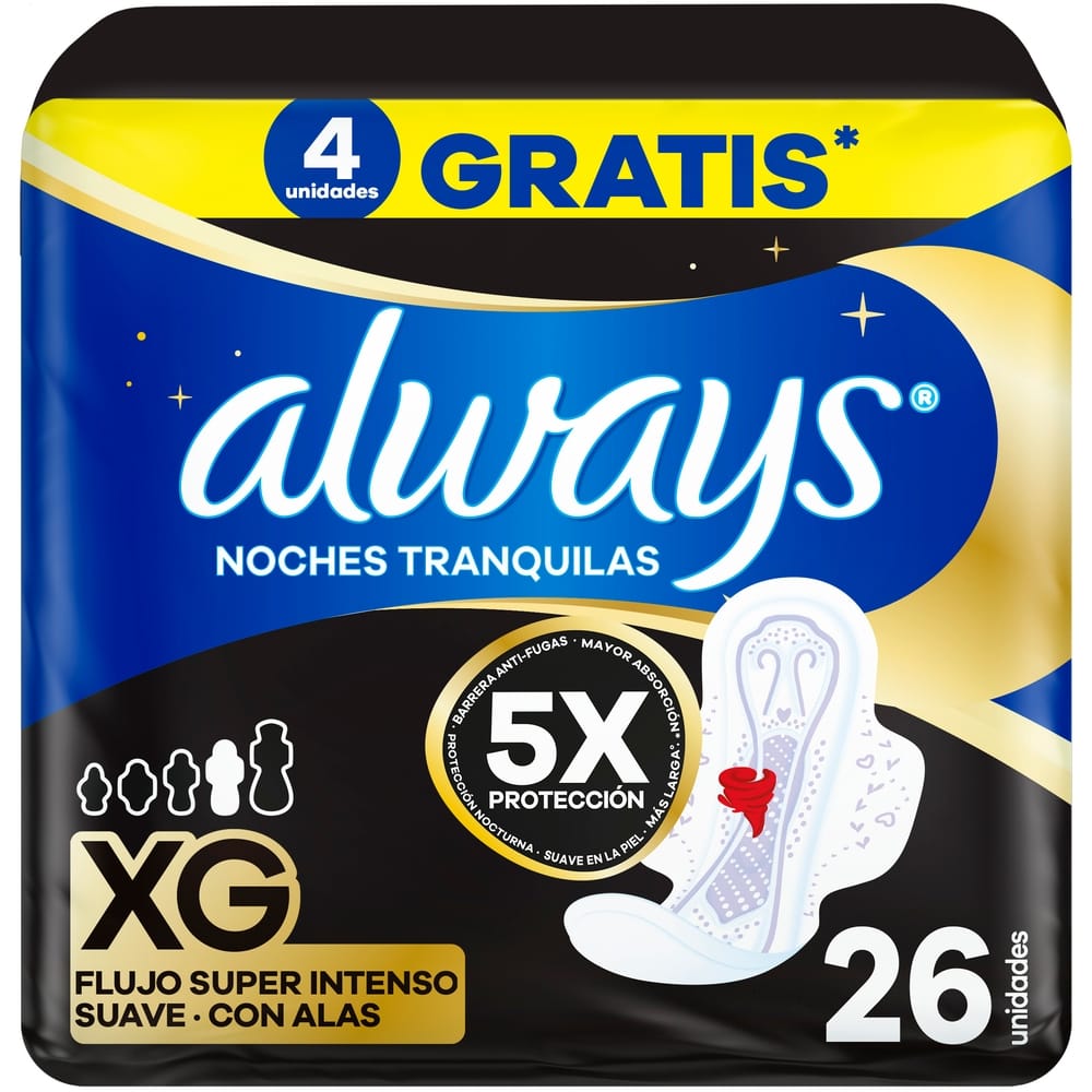 Toallas Higiénicas Largas ALWAYS Toalla Sanitaria Nocturna Suave Tamaño XG Bolsa 26un