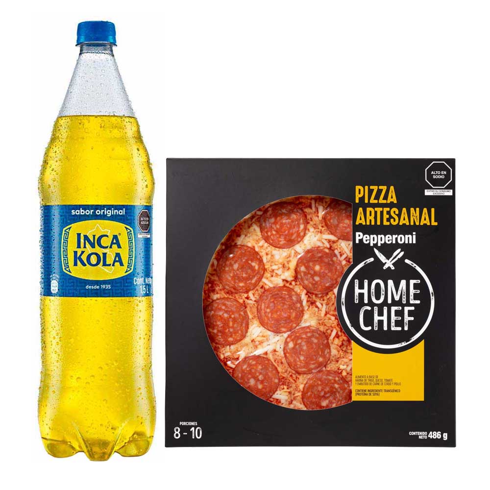 Pack Pizza Pepperoni Familiar HOME CHEF 1un + Gaseosa INCA KOLA Botella 1.5L