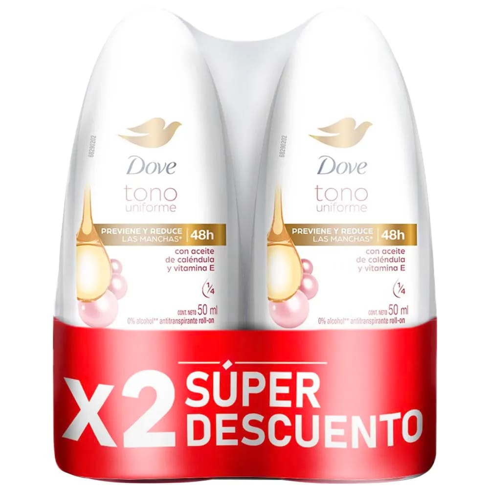 Desodorante para Mujer en Roll On DOVE Tono Uniforme Frasco 50ml Paquete 2un