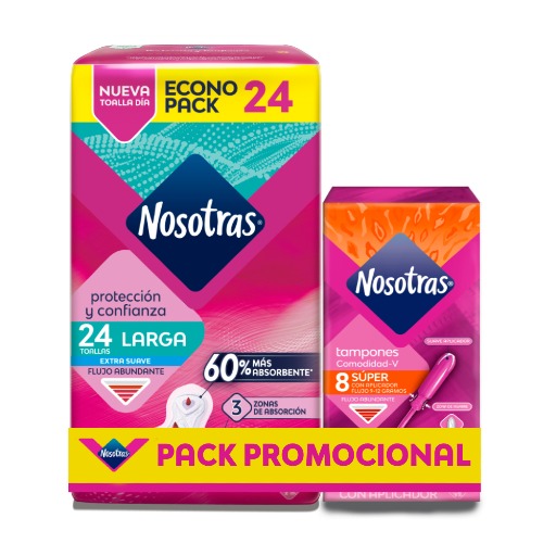Pack NOSOTRAS Toalla Higiénica Larga de Día Paquete 24un + Tampón con Aplicador Súper Caja 8un
