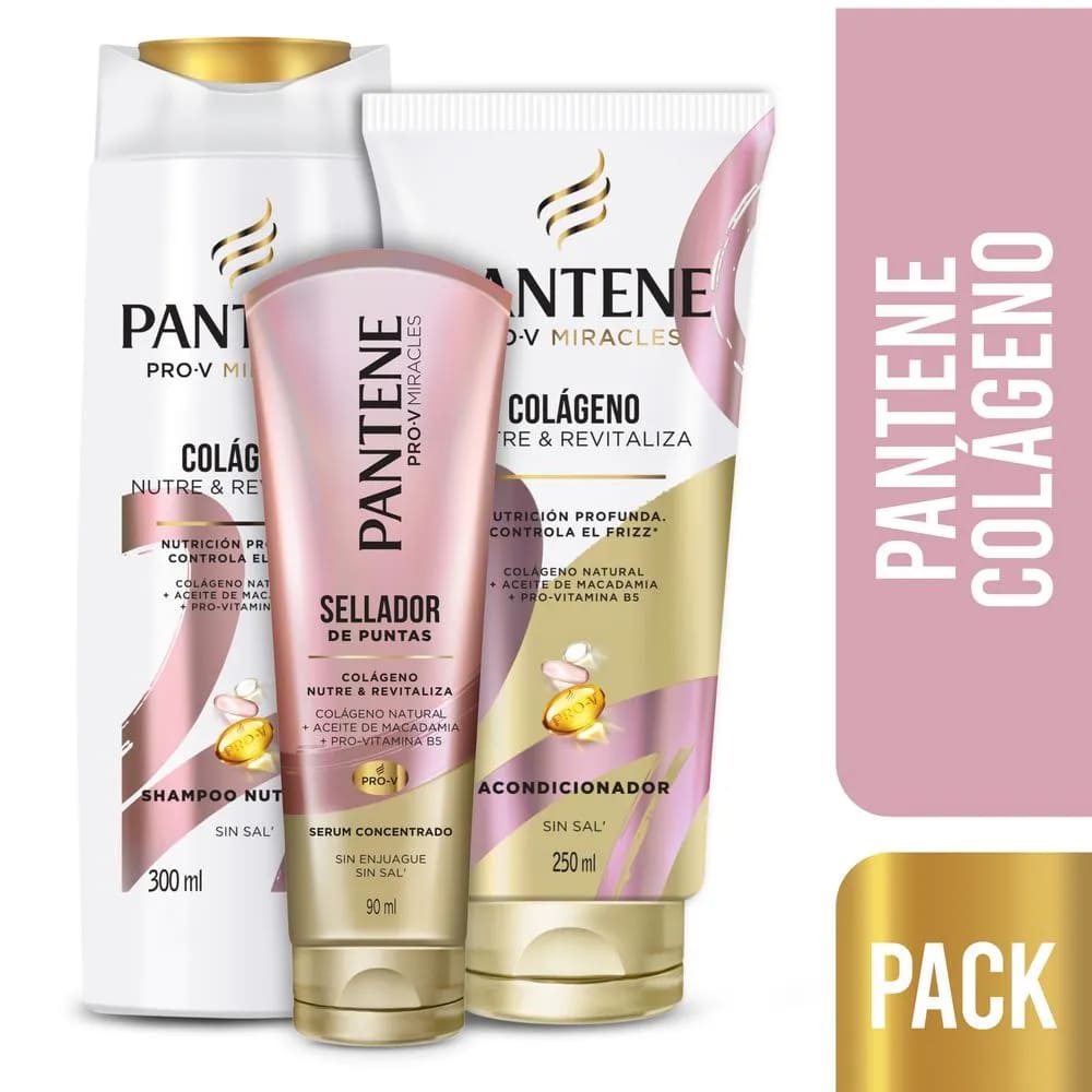 Pack PANTENE Shampoo Colágeno Frasco 300ml + Acondicionador Frasco 250ml + Serum Sellador de Puntas Frasco 90ml