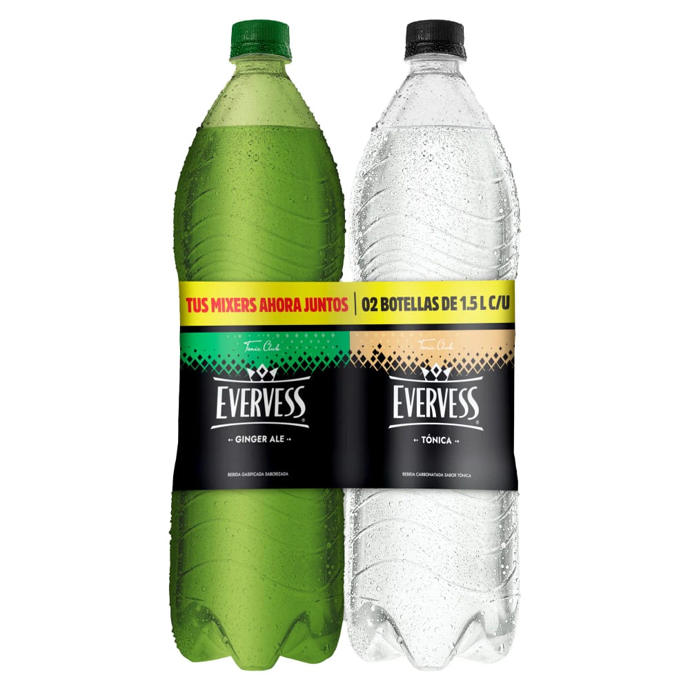 Pack Gaseosa EVERVESS Tónica Botella 1.5L + Ginger Ale EVERVESS Botella 1.5L