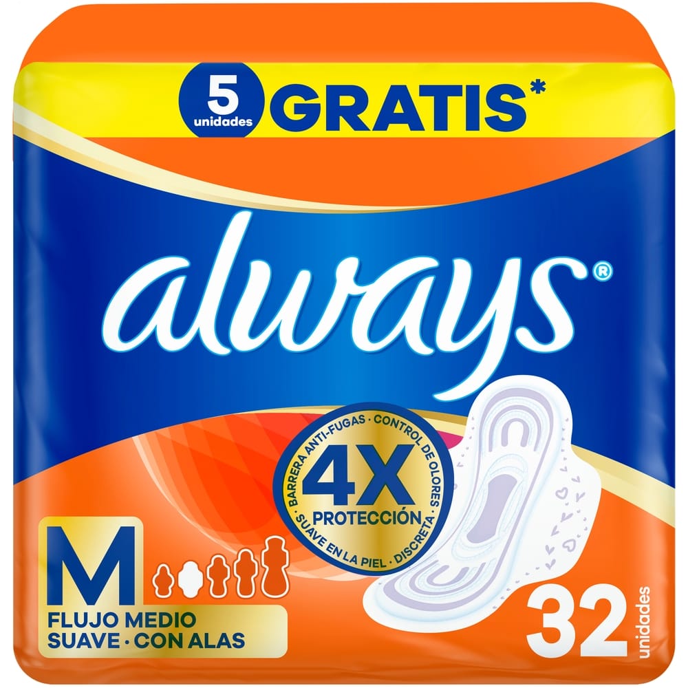 Toallas Higiénicas ALWAYS Toalla Sanitaria Suave con Alas Tamaño M Bolsa 32un