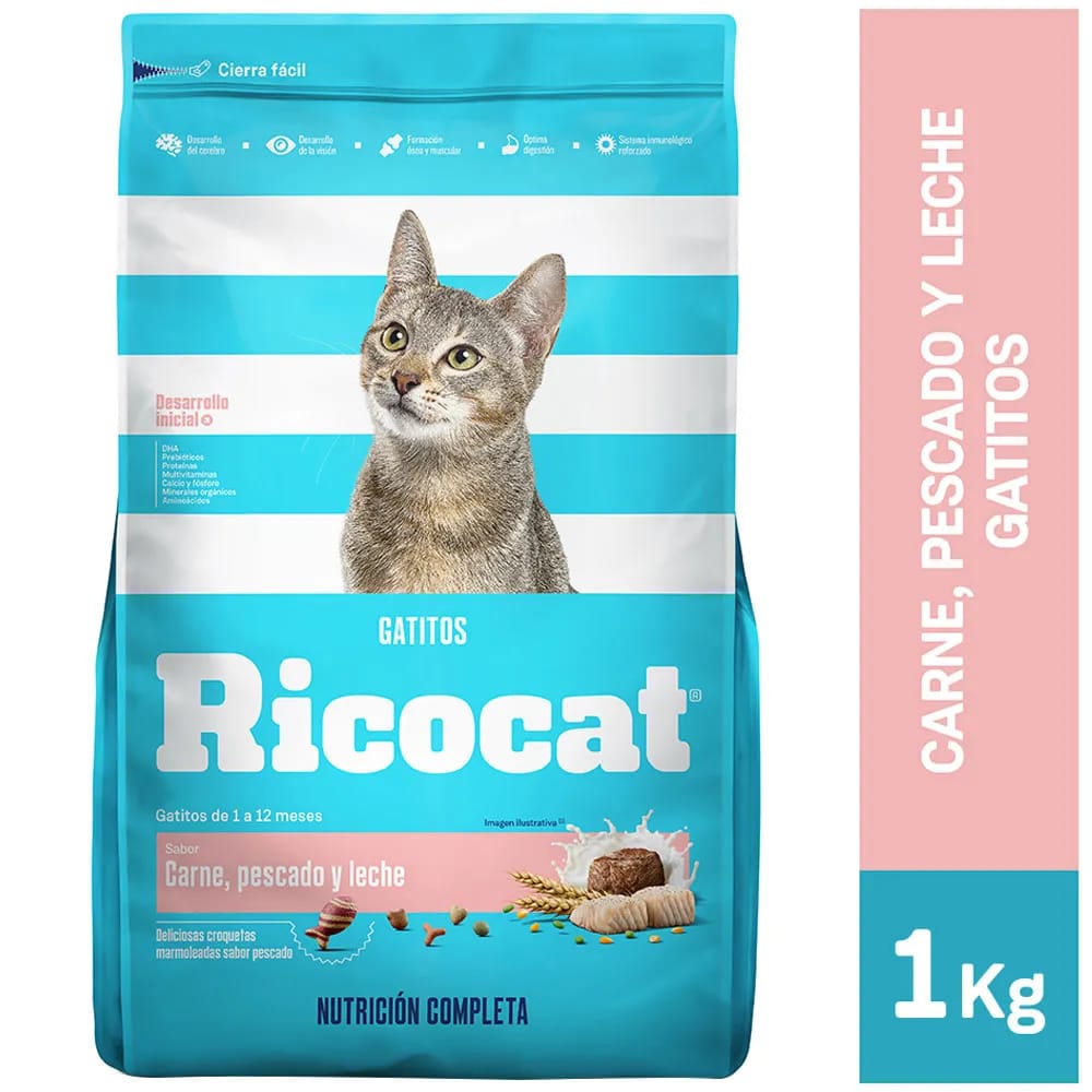 Alimento para Gato RICOCAT Gatito Sabor Carne Pescado y Leche Bolsa 1Kg