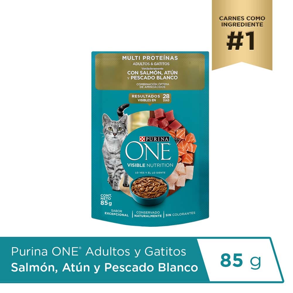 Alimento Húmedo para Gato PURINA ONE Adulto y Gatito Sabor Salmón, Atún y Pescado Pouch 85g