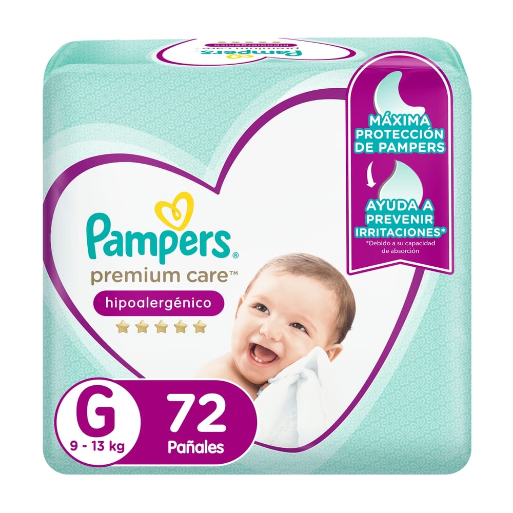 Pañales para Bebés Desechables PAMPERS Premium Care Hipoalergénico Talla G Bolsa 72un