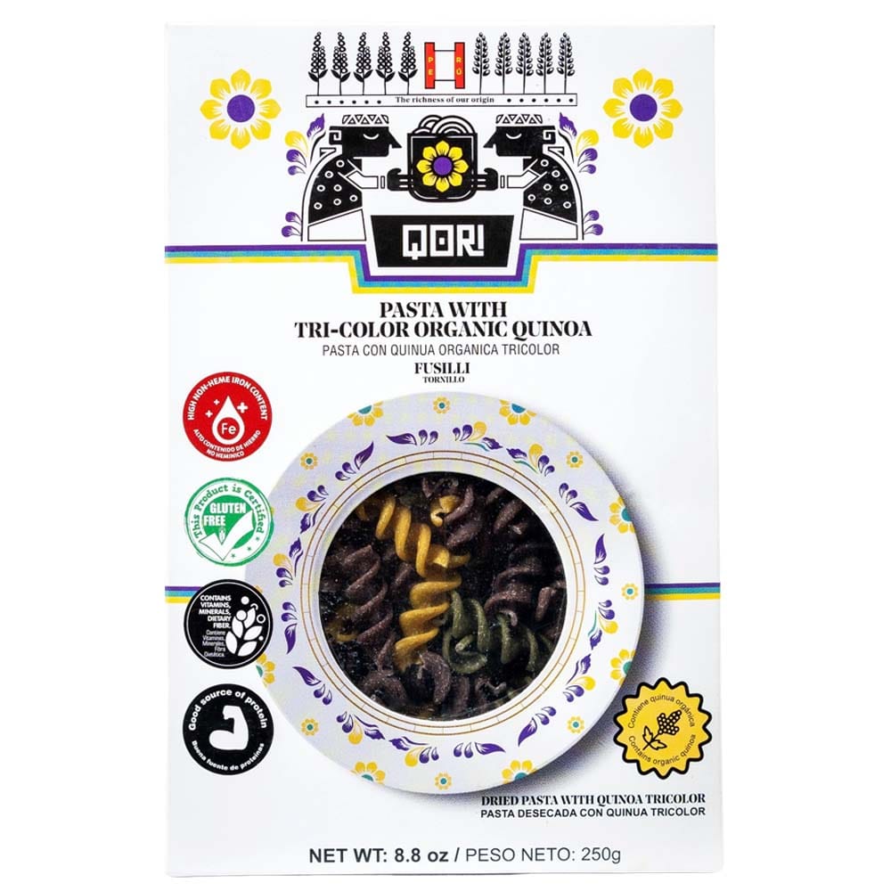 Fideos Tornillo Tricolor QORI con Quina Orgánica Caja 250g