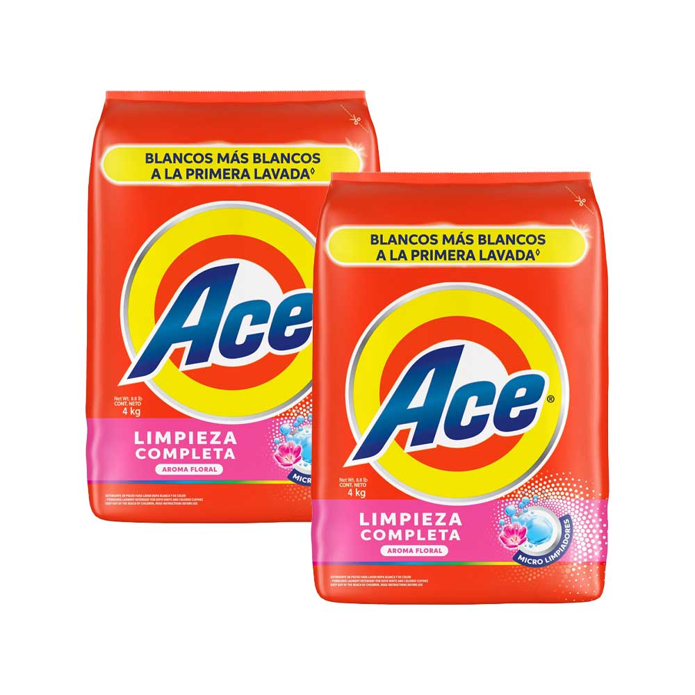 Pack Detergente en Polvo ACE Limpieza Completa Bolsa 4Kg x 2un