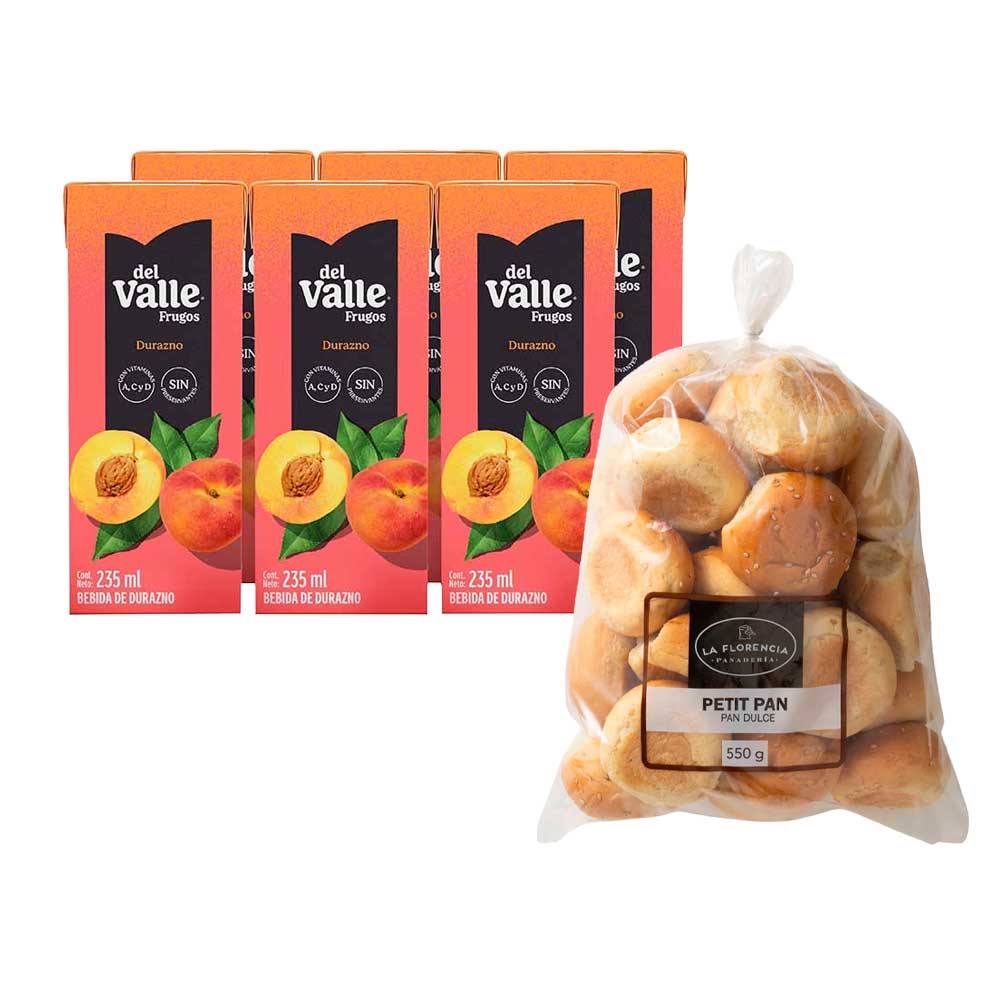 Pack Petit Pan Embolsado 550g + Bebida FRUGOS DEL VALLE Durazno Caja 235ml Six Pack