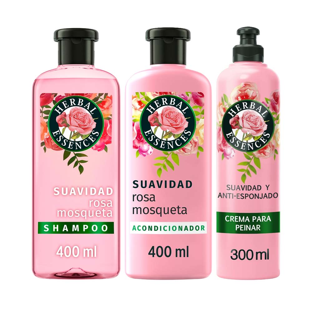 Pack HERBAL ESSENCES Rosa Mosqueta: Shampoo Frasco 400ml + Acondicionador Frasco 400ml + Crema para Peinar Frasco 300ml
