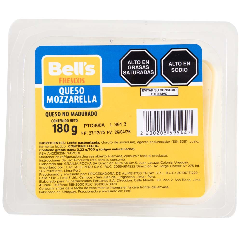 Queso Mozzarella BELL'S FRESCOS Paquete 180g