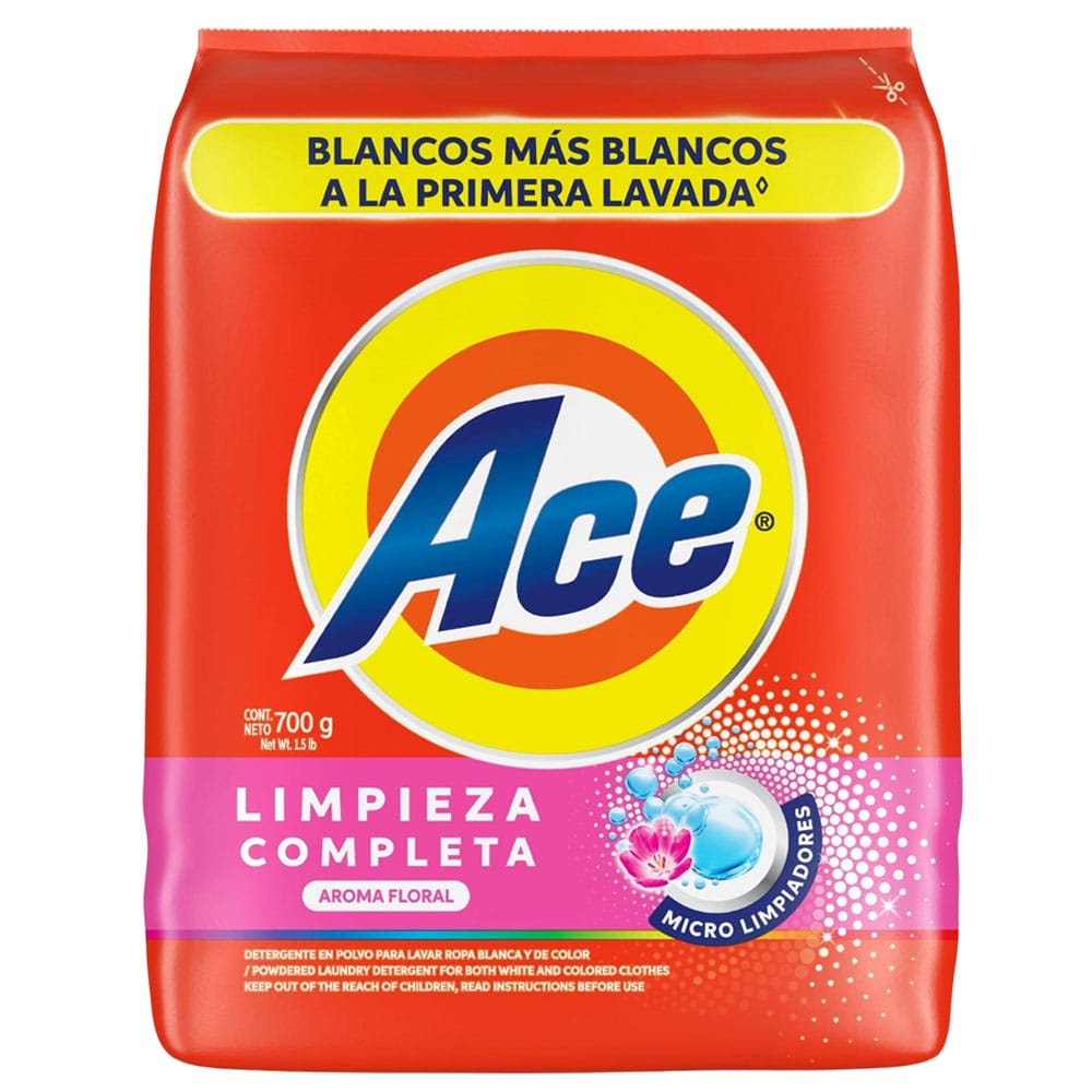 Detergente en Polvo ACE Limpieza Completa Aroma Floral Bolsa 700g
