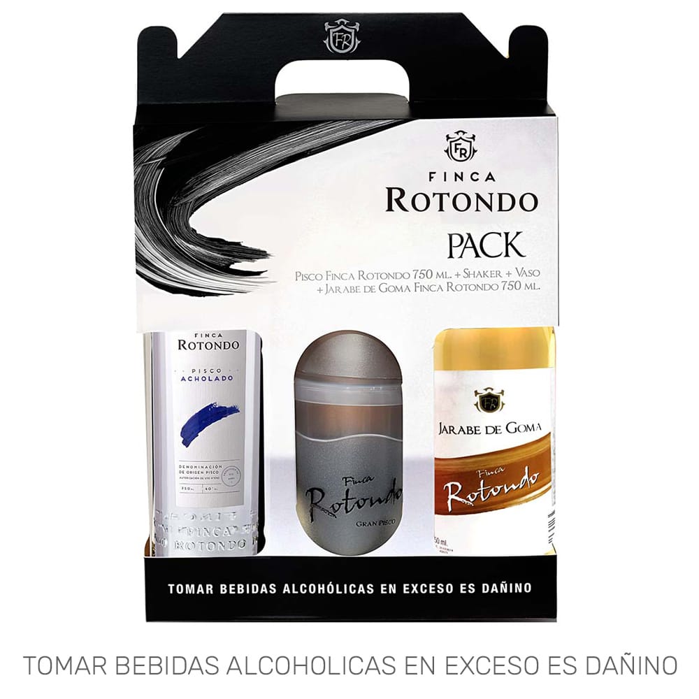 Pack FINCA ROTONDO Pisco Aholado Botella 750ml + Jarabe de Goma + Vaso + Shaker