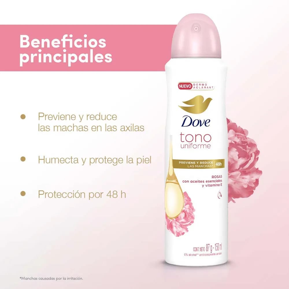 Desodorante para Mujer en Aerosol DOVE Tono Uniforme Rosas Frasco 150ml