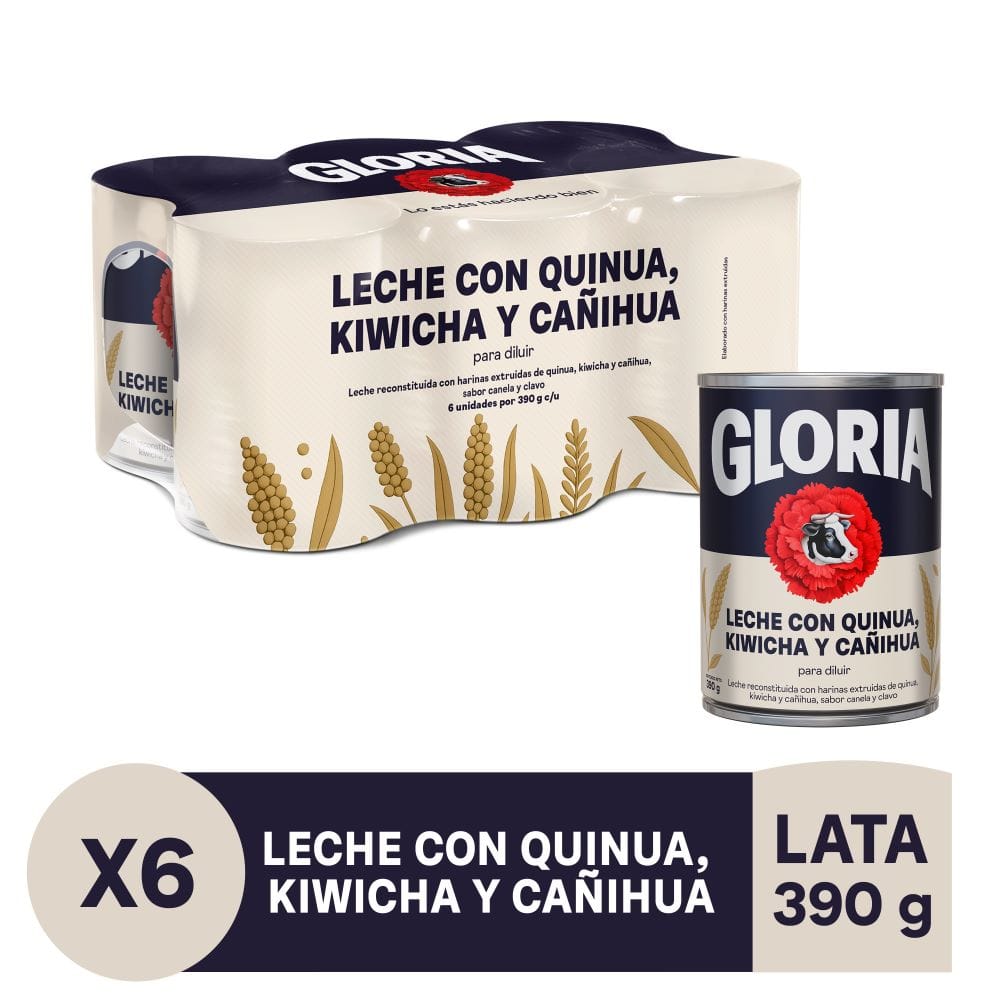 Leche Reconstituida GLORIA con Quinua, Kiwicha y Cañihua Lata 390g Paquete 6un