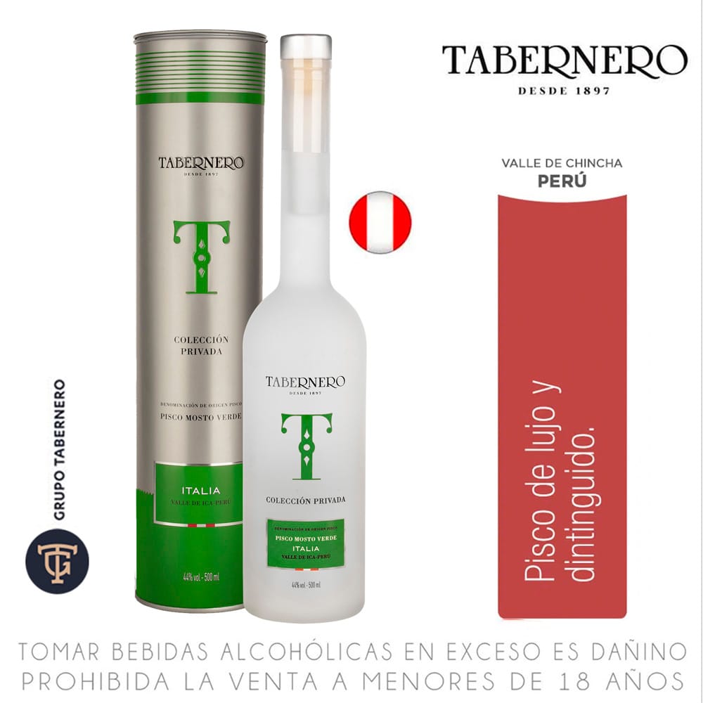Pisco TABERNERO Mosto Verde Italia Botella 500ml + Lata