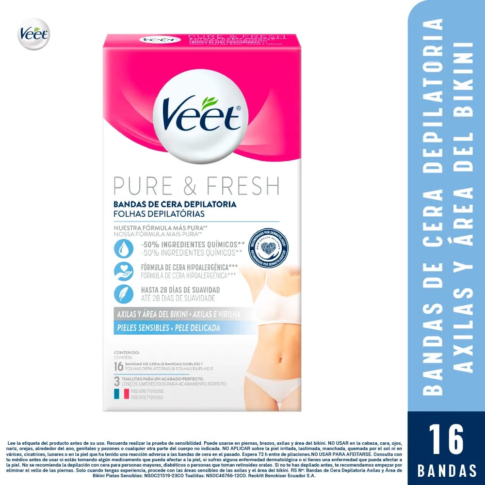 Bandas Depilatorias VEET de Axilas y Bikini para Pure Piel Sensible Caja 16un
