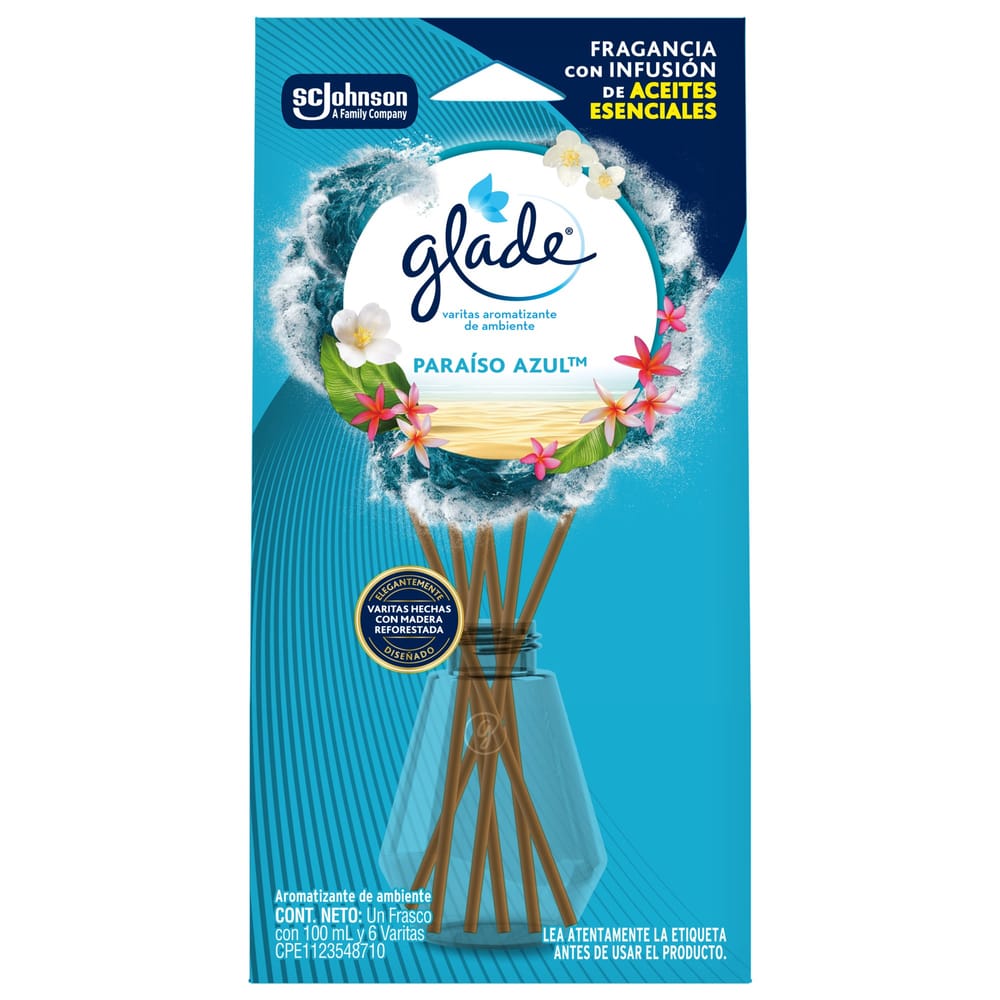 Ambientador Varitas GLADE Paraíso Azul Frasco 100 ml x 6 Varitas