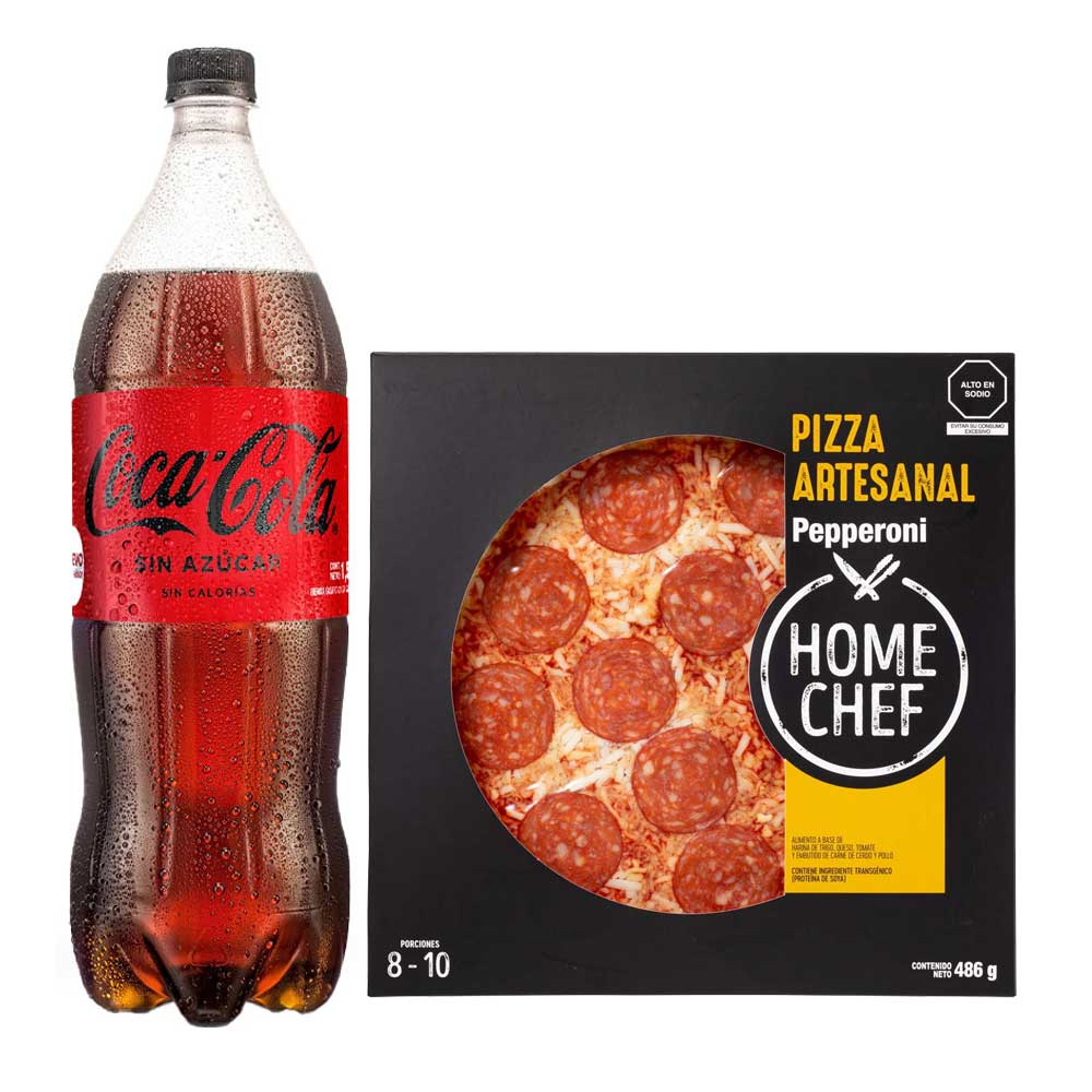 Pack Gaseosa COCA COLA Sin Azúcar Botella 1.5L + Pizza Pepperoni Familiar HOME CHEF 1un