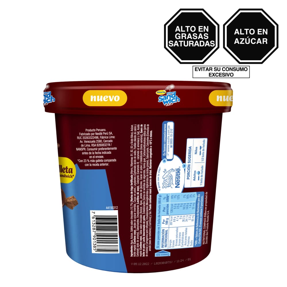 Helado D'ONOFRIO con Trozos de Galleta SANDWICH Pote 900ml