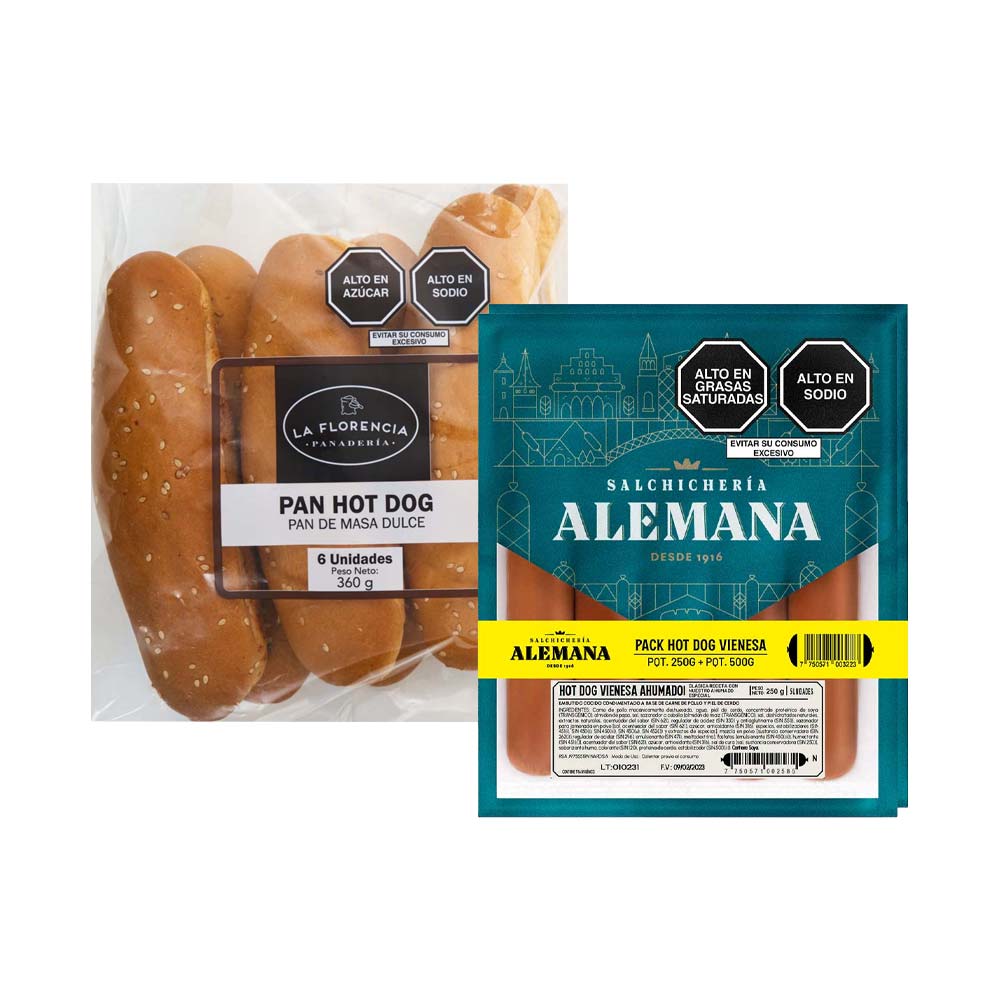 Pack Pan Hot Dog LA FLORENCIA Paquete 360g + Pack Hot Dog Vienesa SALCHICHERÍA ALEMANA Paquete 250g + 500g