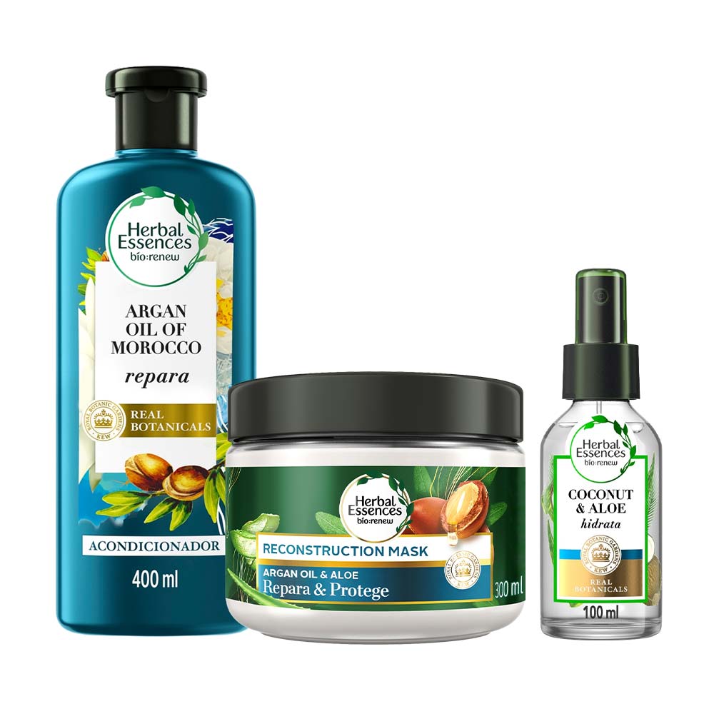 Pack HERBAL ESSENCES Acondicionador Botella 400ml + Mascarilla Botella 100ml + Mascarilla Aceite de Argán y Aloe Frasco 300ml