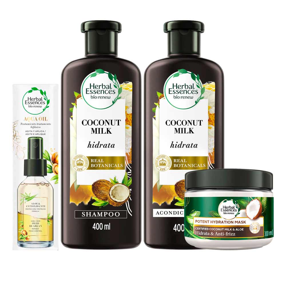 Pack HERBAL ESSENCES Champú Leche de Coco Frasco 400ml + Acondicionador + Mascarilla Tratamiento Capilar Frasco 300ml + Tratamiento Capilar