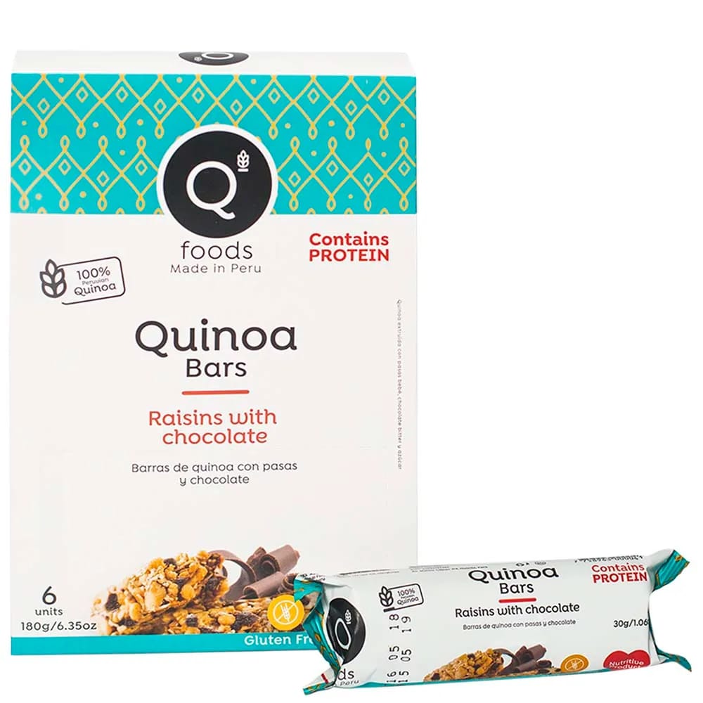 Barra de Cereal Q FOODS Quinoa Pasas y Chocolate Caja 6un
