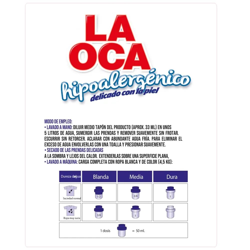 Detergente Líquido LA OCA Hipoalergénico Botella 2L