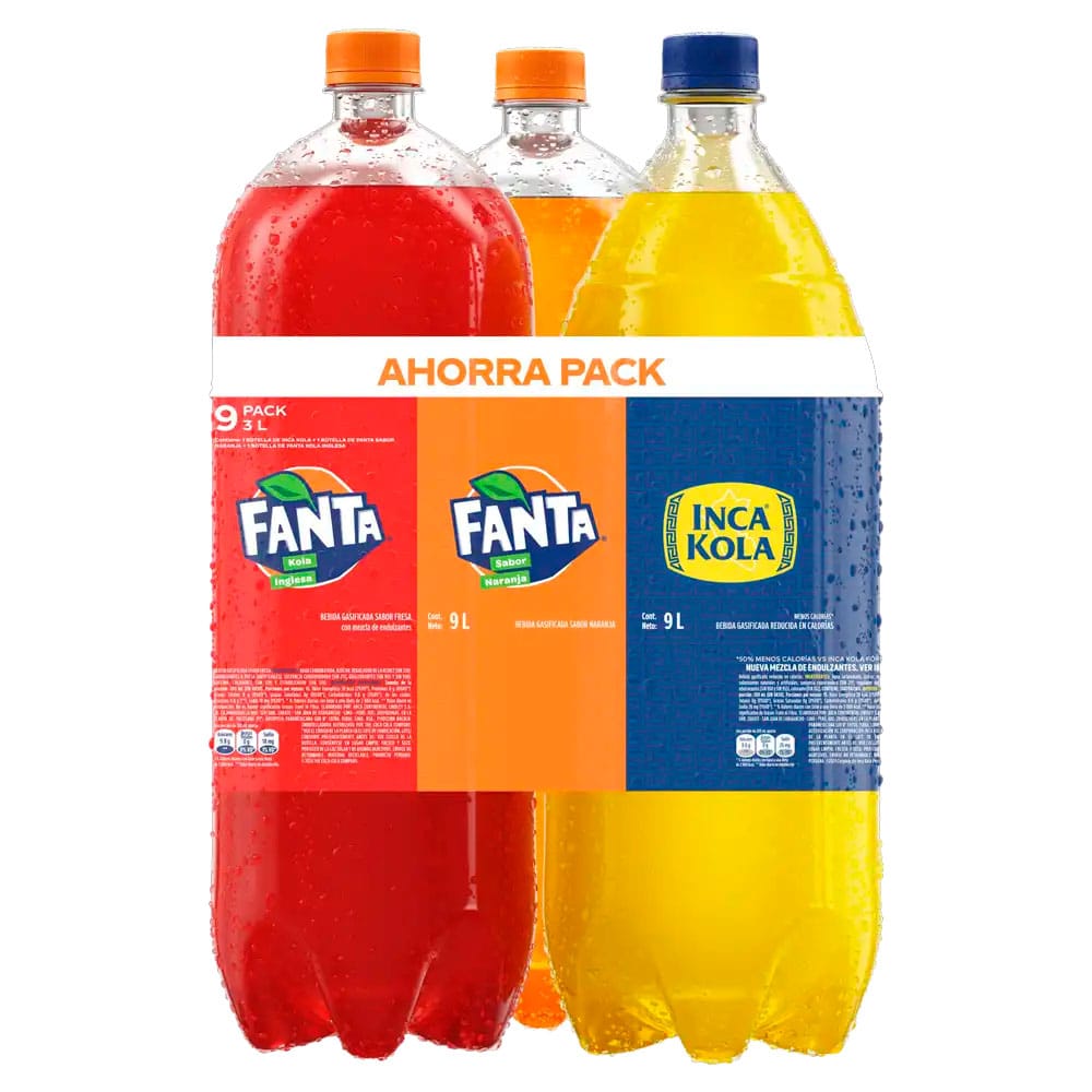 Gaseosa FANTA Naranja + FANTA Kola Inglesa + INKA KOLA Botella 3L Pack 3un