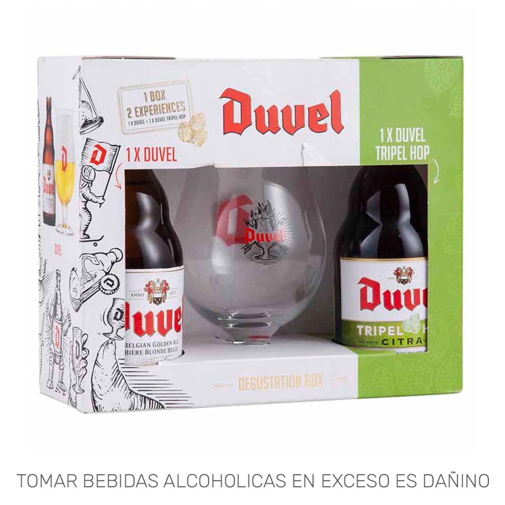 Pack DUVEL Cerveza Golden Ale Botella 330 ml + Cerveza Tripel Hop Botella 330ml + Copa