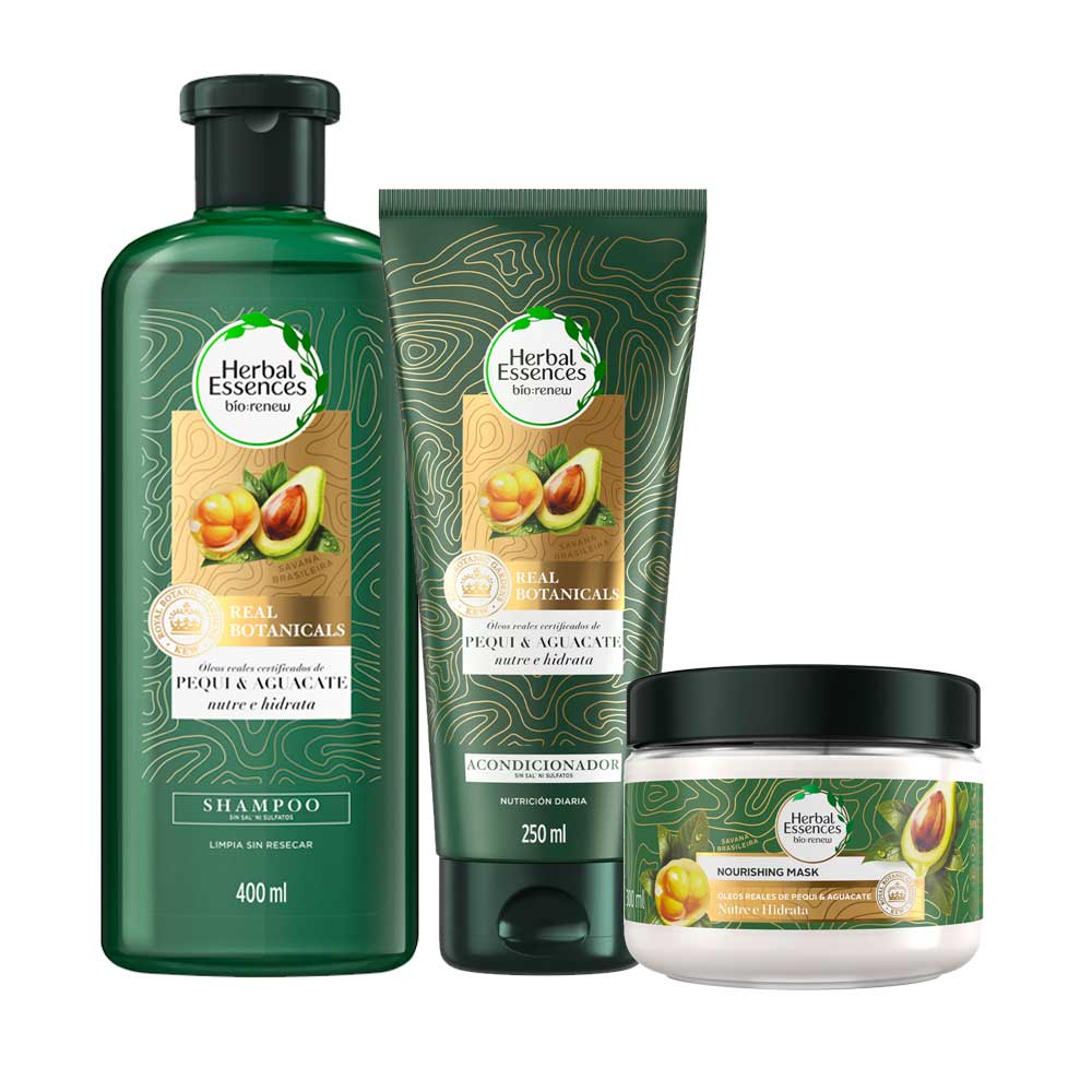 Pack HERBAL ESSENCES Shampoo Bio:Renew Pequi & Aguacate Frasco 400ml + Acondicionador Frasco 250ml + Mascarilla Nutritiva Frasco 300ml
